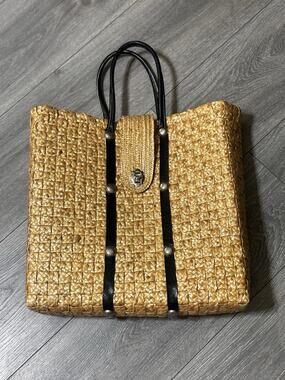 Vtg Rattan Straw Tote Handbag Faux Leather Handles Trim Flap Turn Lock Unlined